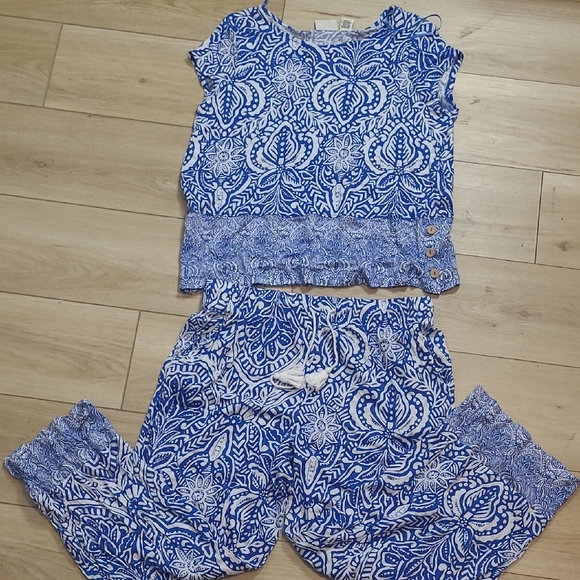 Rachel Zoe Pants - RACHEL ZOE Boho Printed Pattern 2 pc Large Wide Leg Pant Set Blue 100% Linen L